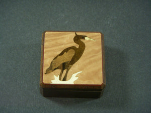 Wood Box, Box, Pill Box, Ring Box, Keepsake Box, Jewelry Box, pill box with Design, pill case, Small box, inlay pill box Heron Crane 1 3/4''