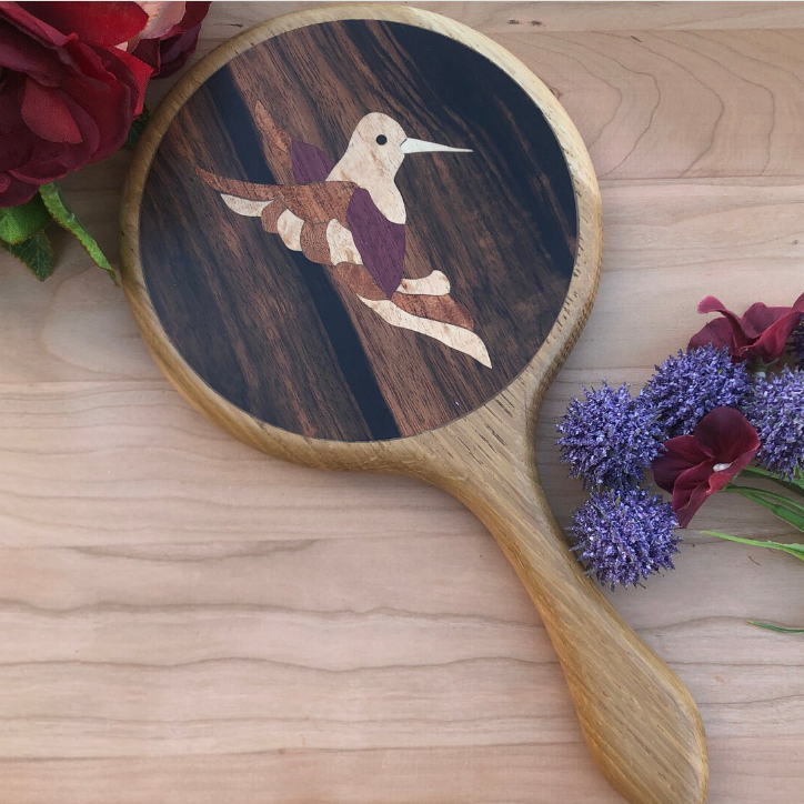 Hand Mirror, Wood Hand held mirror, Hummingbird large hand mirror  Made in USA