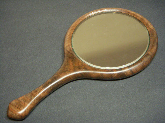 Walnut Mirror, Hand Mirror, Wood Wall Mirror,  Large Round Mirror, Personalized Mirror, Hand Held Mirror, Highly Figured Wood Made in USA
