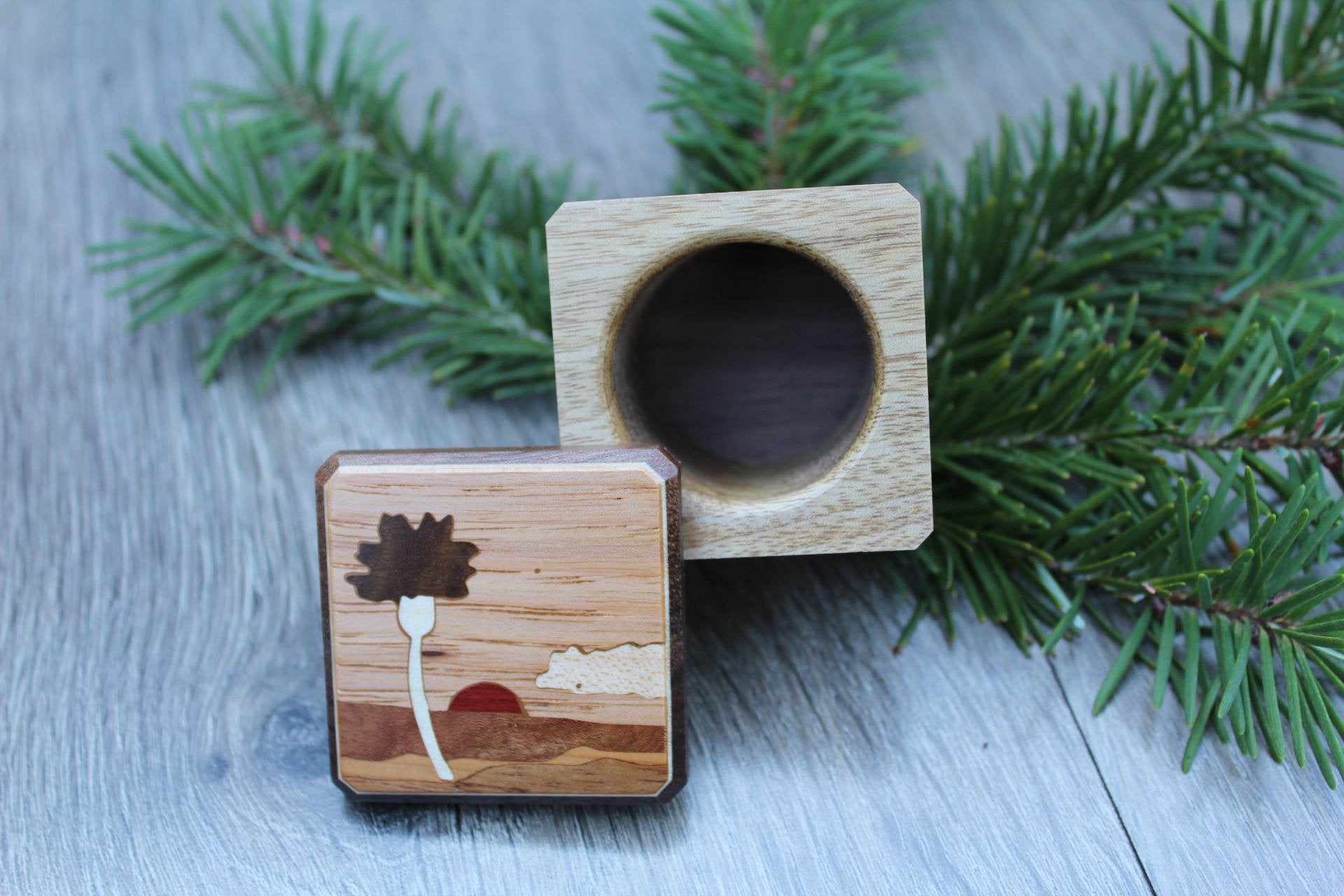 Tree Ring Box Mountain Handmade Pill Box Jewelry Box His & Hers Ring Boxe Ring Bearer Box Wedding Ring Rustic Box Wood Wedding Box Inlay