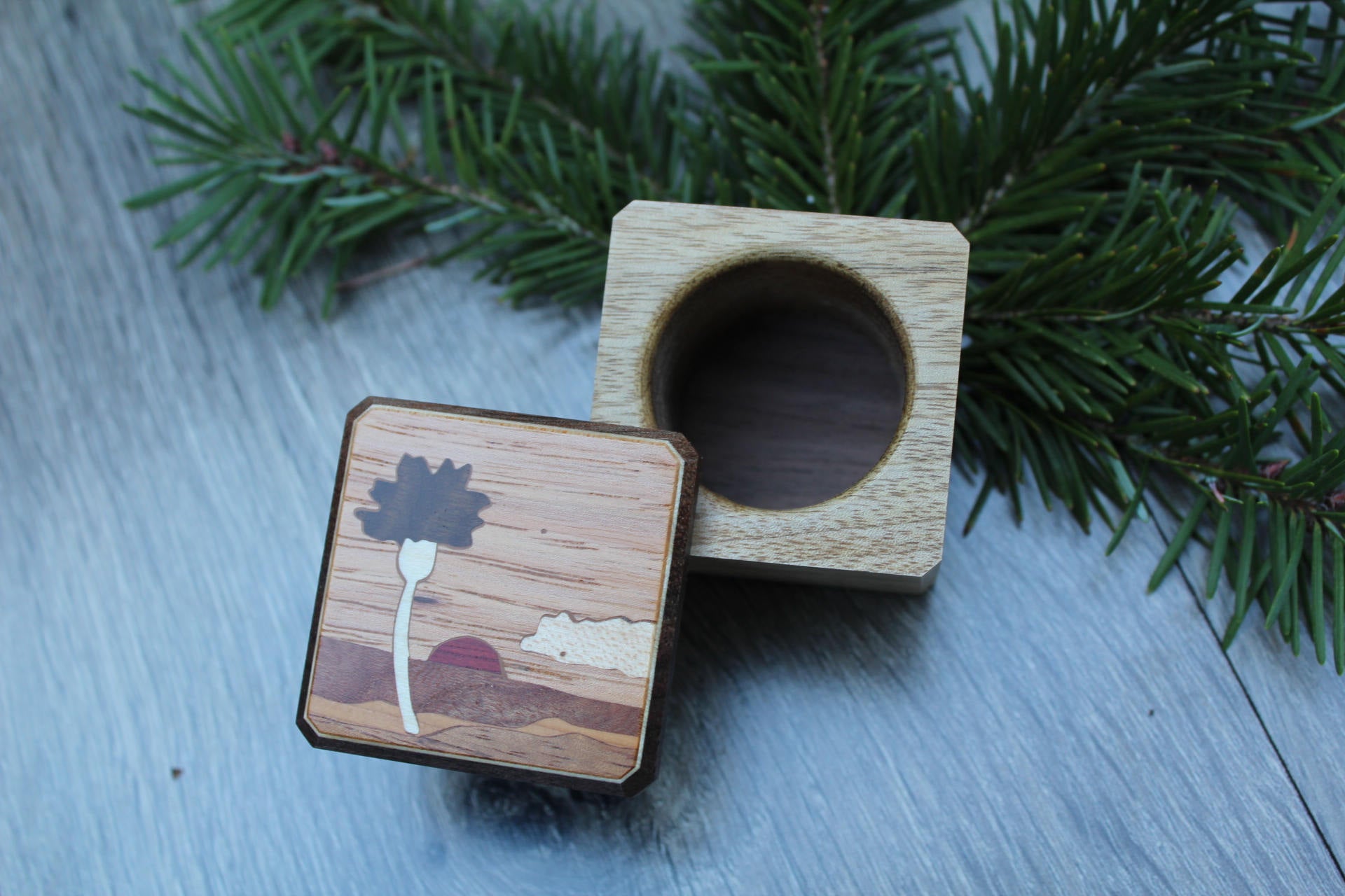 Tree Ring Box Mountain Handmade Pill Box Jewelry Box His & Hers Ring Boxe Ring Bearer Box Wedding Ring Rustic Box Wood Wedding Box Inlay