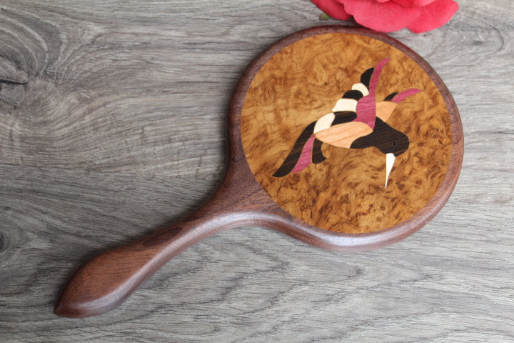 Hummingbird Hand Mirror, Wooden Mirror, Wall Mirror, Bathroom Vanity Mirror, Wood Hand Mirror, Handheld Mom gift wood Handmade in USA