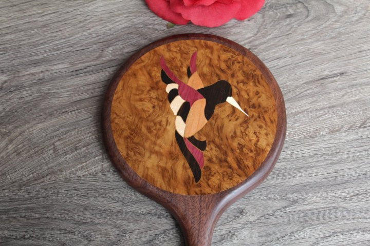 Hummingbird Hand Mirror, Wooden Mirror, Wall Mirror, Bathroom Vanity Mirror, Wood Hand Mirror, Handheld Mom gift wood Handmade in USA