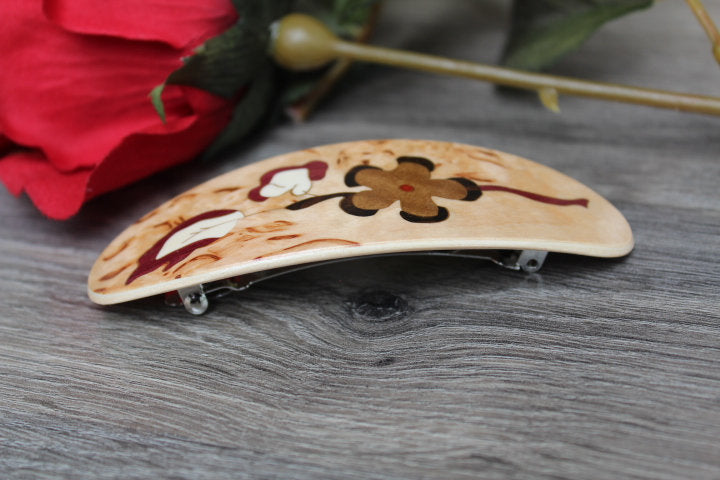 White Hair Jewelry, Flower Hair Clip Barrette, French Hair Clip, French Clip Barrette, flower Cherry Wood large clip Handmade in USA