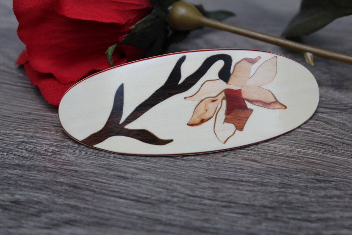 White Hair Clip  Barrette, Flower Hair Clip, French Clip Barrette, Wood Large clip Handmade in USA